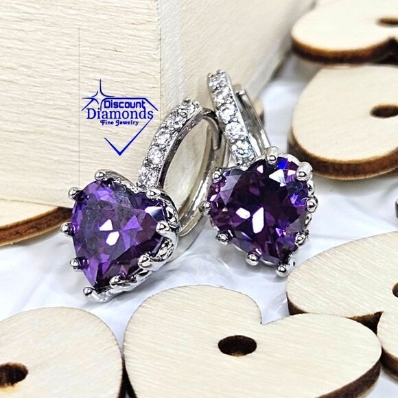 Purple Amethyst Dangle Earrings & White Baguette Diamonds on 925 Silver - Picture 1 of 9
